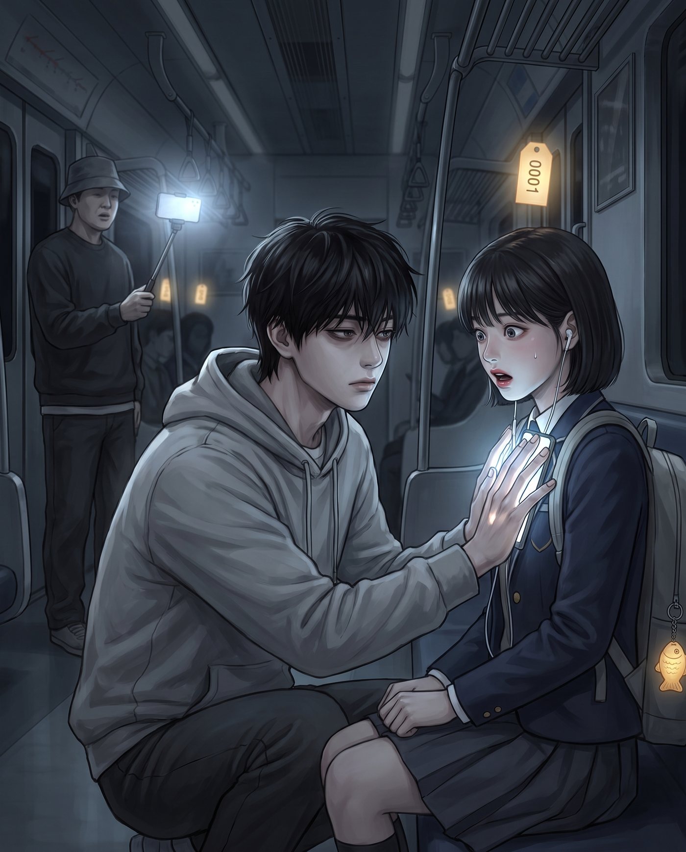 불 꺼진 지하철 안, 지우가 다은의 휴대폰 화면을 손바닥으로 덮고 있다. 다은의 머리 위에 0001 꼬리표가 떠 있다.