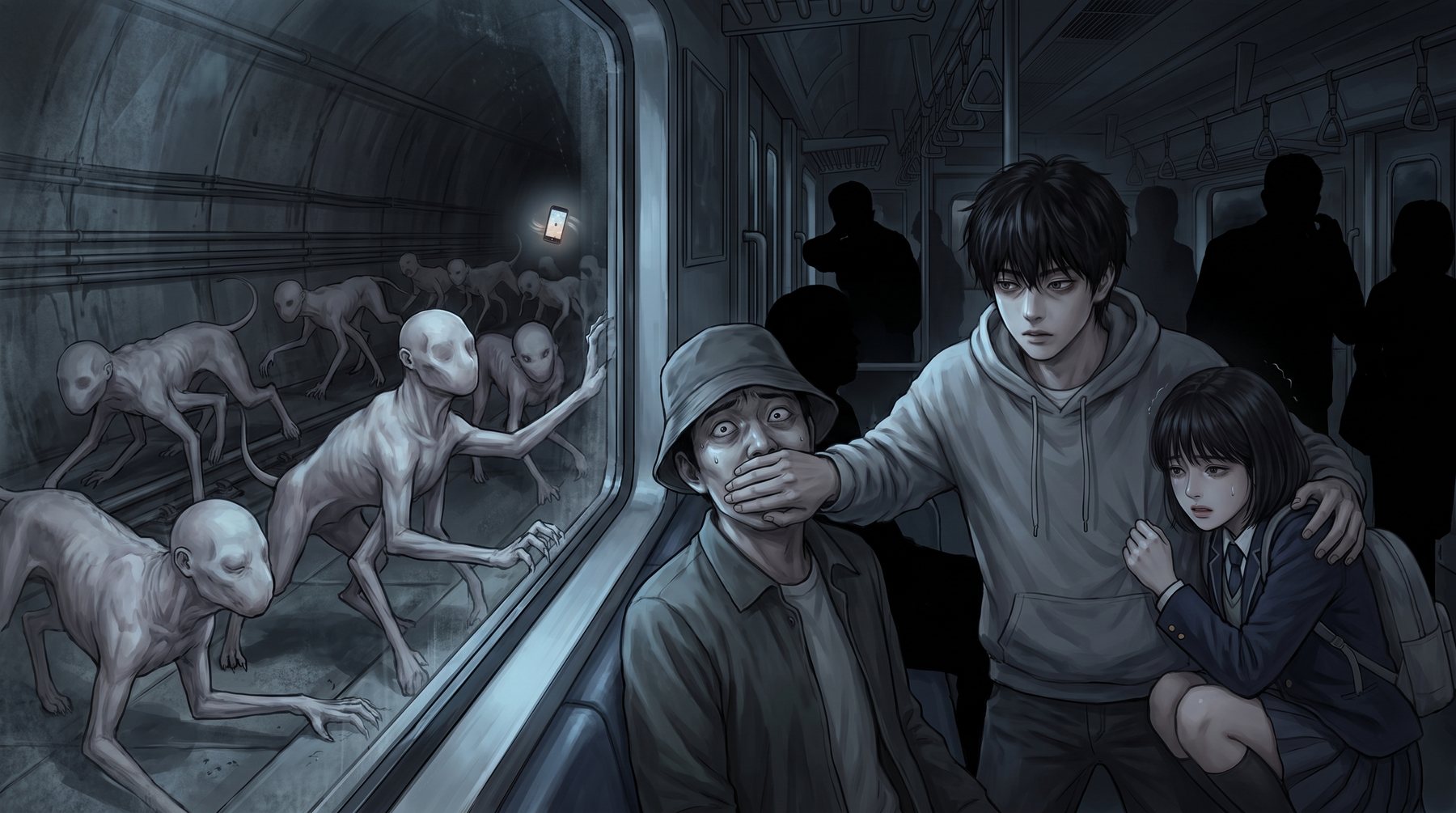 창밖 터널로 눈 없는 허연 것들이 불빛을 쫓아 몰려간다. 지우는 셀카봉 남자의 입을 틀어막고, 다은은 그에게 매달려 있다.