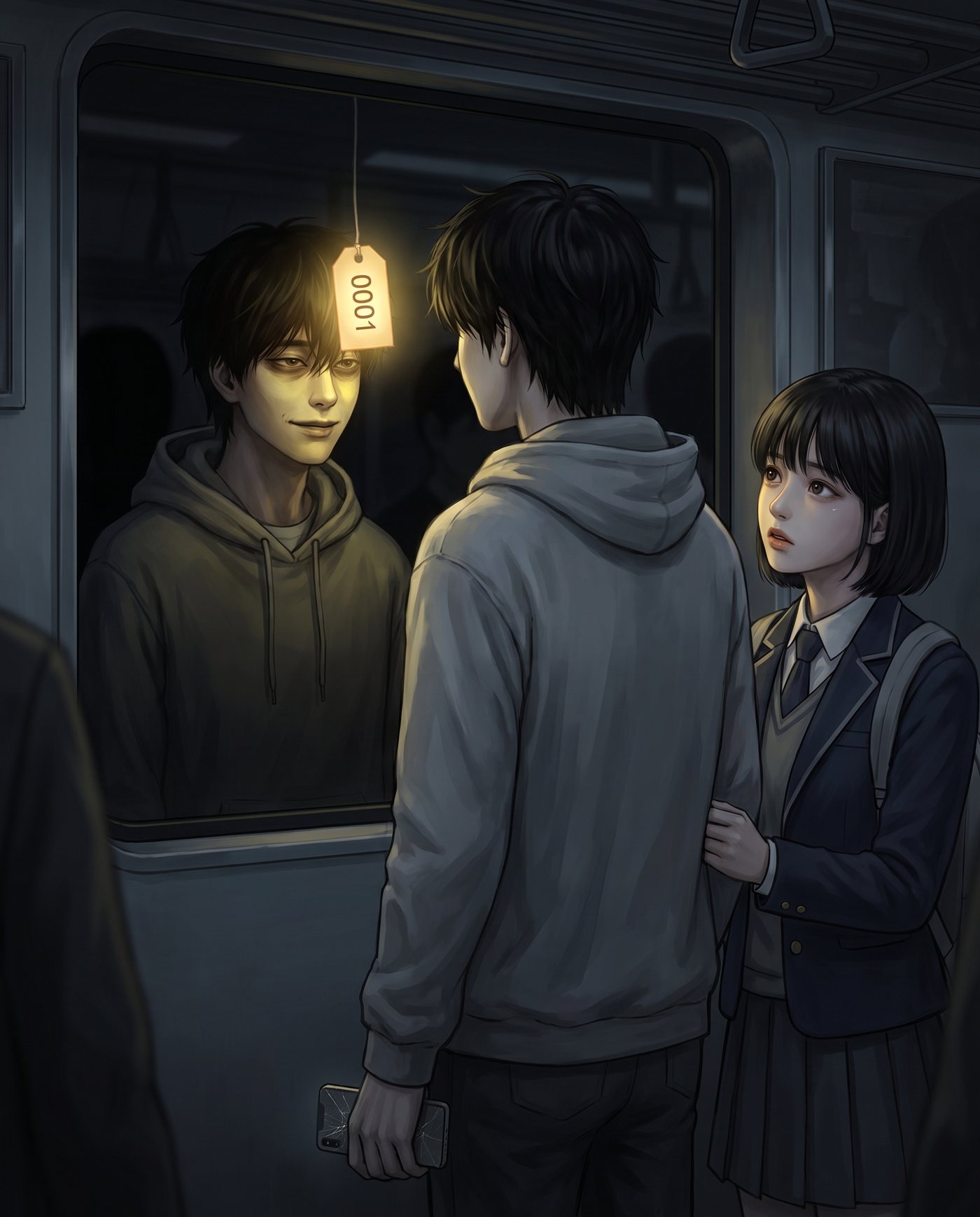 까만 유리창에 비친 지우의 머리 높이에 0001 꼬리표가 노랗게 떠 있다. 다은이 그의 소매를 잡은 채 올려다본다.